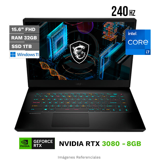 Laptop MSI GP66 Leopard Gaming, Intel Core i7-11800H Hasta 4,6 GHz, RAM 32GB, SSD 1TB, 8GB NVIDIA GeForce RTX 3080, LED 15.6" FHD a 240Hz, Windows 11 Home