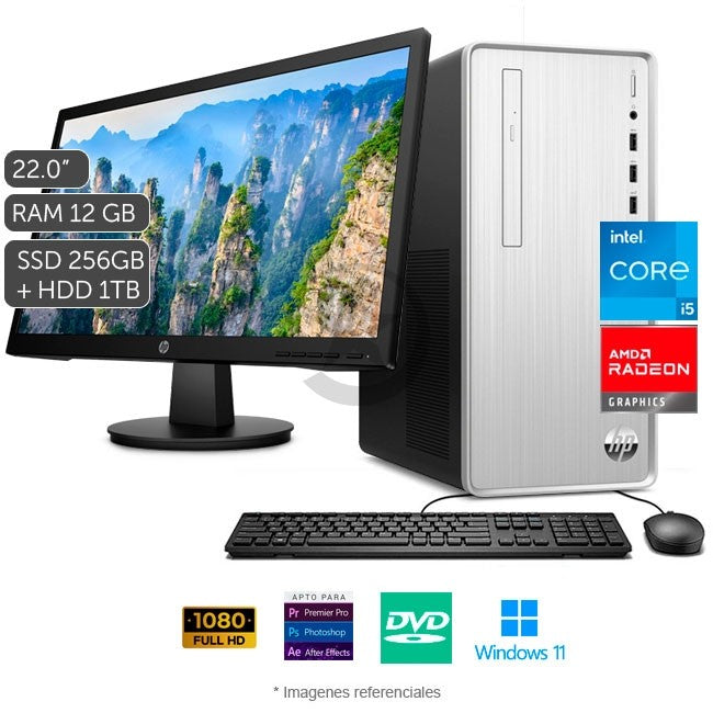 Combo-PC HP Pavilion TP01-23C, Core i5-11400 Hasta 4.4 GHz, RAM 12GB, SSD 256GB + HDD 1TB, Video 2GB AMD Radeon RX 550, Wi-Fi, DVD, Windows 11 Home + Monitor 22''