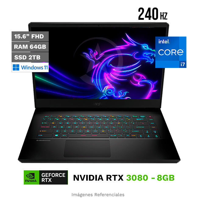 Laptop MSI GP66 Leopard Gaming, Intel Core i7-11800H Hasta 4.6 GHz, RAM 64GB, SSD 2TB, Video 8GB Nvidia RTX 3080, LED 15.6" Full HD a 240Hz, Windows 11 Home