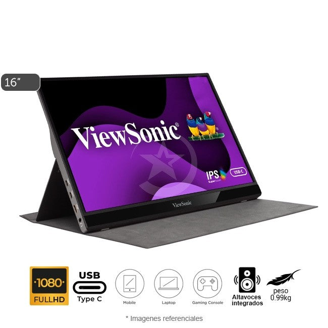 Monitor ViewSonic VG1655 Portable, 16" Full HD (1920x1080) con Panel IPS, USB-C, Mini-HDMI, Compatible con Windows, macOS, Chrome OS y Android. Peso: 0.99 kg + Premium Cover de REGALO