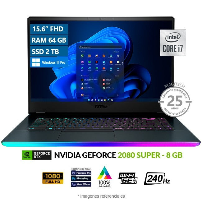 Laptop MSI GE66 Raider 10SGS, Intel Core i7-10750H Hasta 5.0 GHz, RAM 64GB, SSD 4TB, Video 8GB NVIDIA RTX 2080 SUPER, LED 15.6" FHD a 240 Hz, Windows 11 Pro