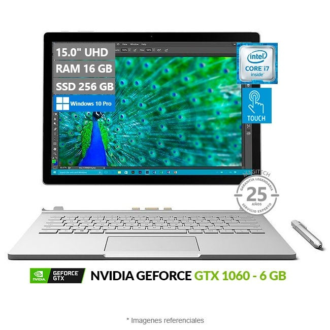 Convertible Microsoft Surface Book 2 (15"), Core i7-8650U Hasta 4.2 GHz, RAM 16GB, SSD 256GB, Video 6GB NVIDIA GTX 1060, Pantalla desmontable de 15.0" UHD 4K Táctil, Windows 10 Pro