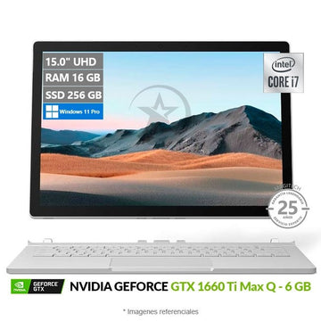 Convertible Microsoft Surface Book 3 (15"), Core i7-1065G7 hasta 3.9GHz, RAM 16GB, SSD 256GB, Video 6GB Nvidia GTX 1660 Ti Max-Q, Pantalla desmontable 15.0" UHD 4K Táctil, Windows 11 Pro