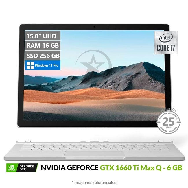 Convertible Microsoft Surface Book 3 (15"), Core i7-1065G7 hasta 3.9GHz, RAM 16GB, SSD 256GB, Video 6GB Nvidia GTX 1660 Ti Max-Q, Pantalla desmontable 15.0" UHD 4K Táctil, Windows 11 Pro