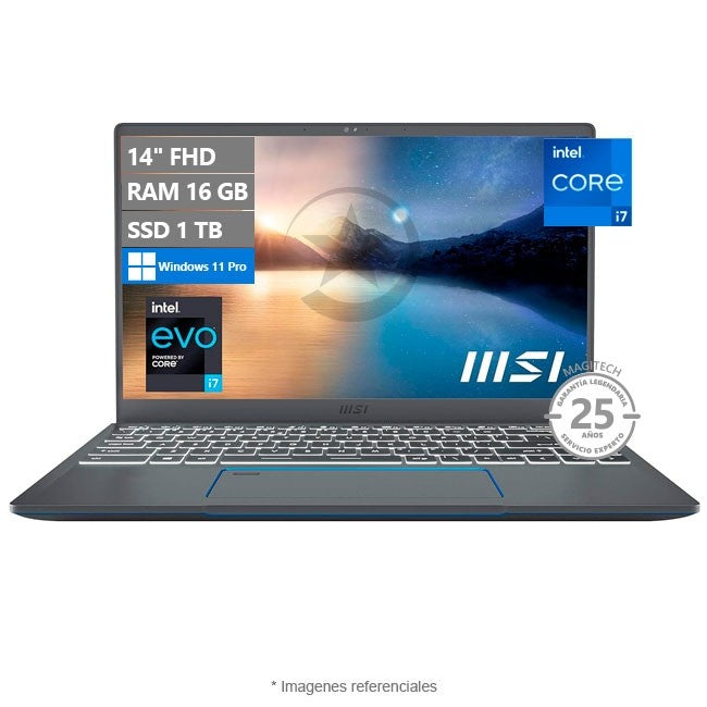 Ultrabook MSI Prestige 14 Evo A11M, Core i7-1185G7 Hasta 4.7 GHz, RAM 16GB, SSD 512GB, LED 14" FHD, Peso 1.2Kg, Windows 11 Pro