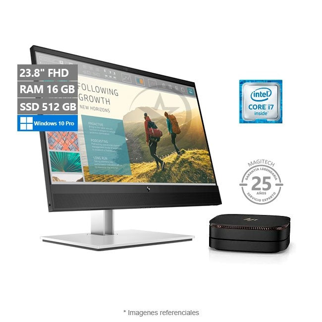 Combo-PC HP Elite Slice G2, Intel Core i5 7500T 2.7 GHz, RAM 16GB, SSD 512GB, Wi-Fi, Bluetooth, Windows 10 Enterprise + Monitor Premium HP 24'' con Cámara Web