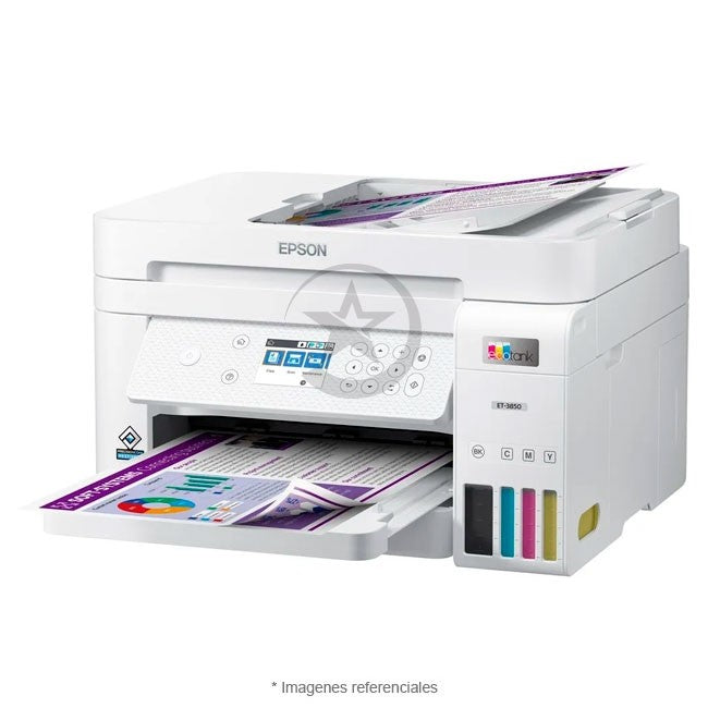 Impresora Multifuncional EPSON Ecotank ET-3850 Empresarial, Impresión Dúplex a color (A4), ADF, Wi-Fi, RED-RJ45, Pantalla 2.4'', Sistema de tintas Supertank