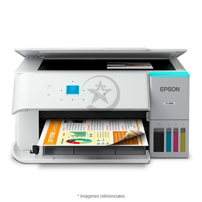 Impresora EPSON Multifuncional Ecotank ET-2980 Empresarial, Impresión automática doble cara (A4), Wi-Fi, USB, Pantalla LCD a color de 1.44", Sistema de tintas Supertank, Windows y iOS