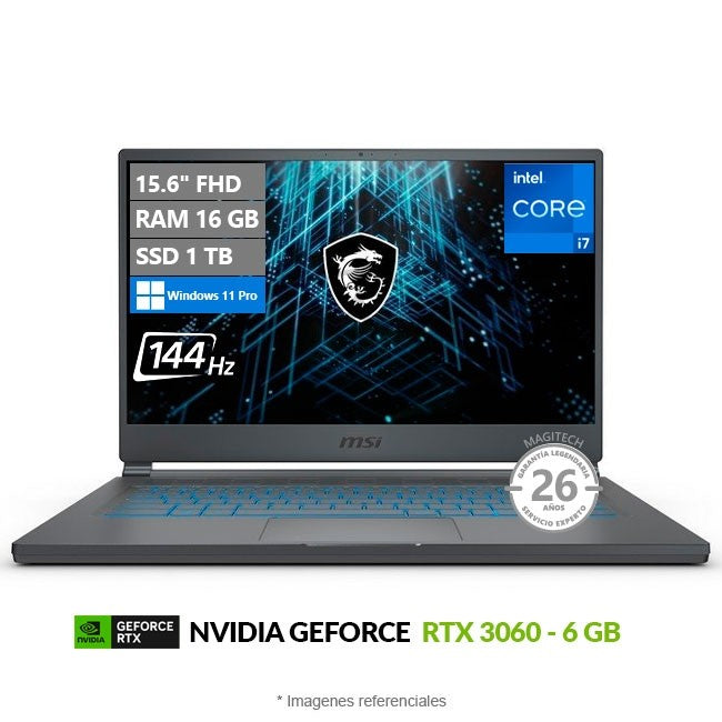 Laptop MSI Stealth 15M Ultralight, Core i7-11375H Hasta 5.0 GHz, RAM 16GB, SSD 1TB, 6GB NVIDIA GeForce RTX 3060, LED 15.6" FHD a 144Hz, Peso 1.68 Kg, Windows 11 Pro