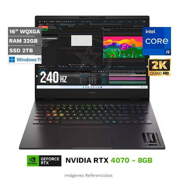 Laptop HP Omen 16-U1000, Intel Core i9-14900HX Hasta 5.8 GHz, RAM 32GB, SSD 1TB, 8GB NVIDIA GeForce RTX 4070, 16" 2K a 240Hz, Windows 11 Home **