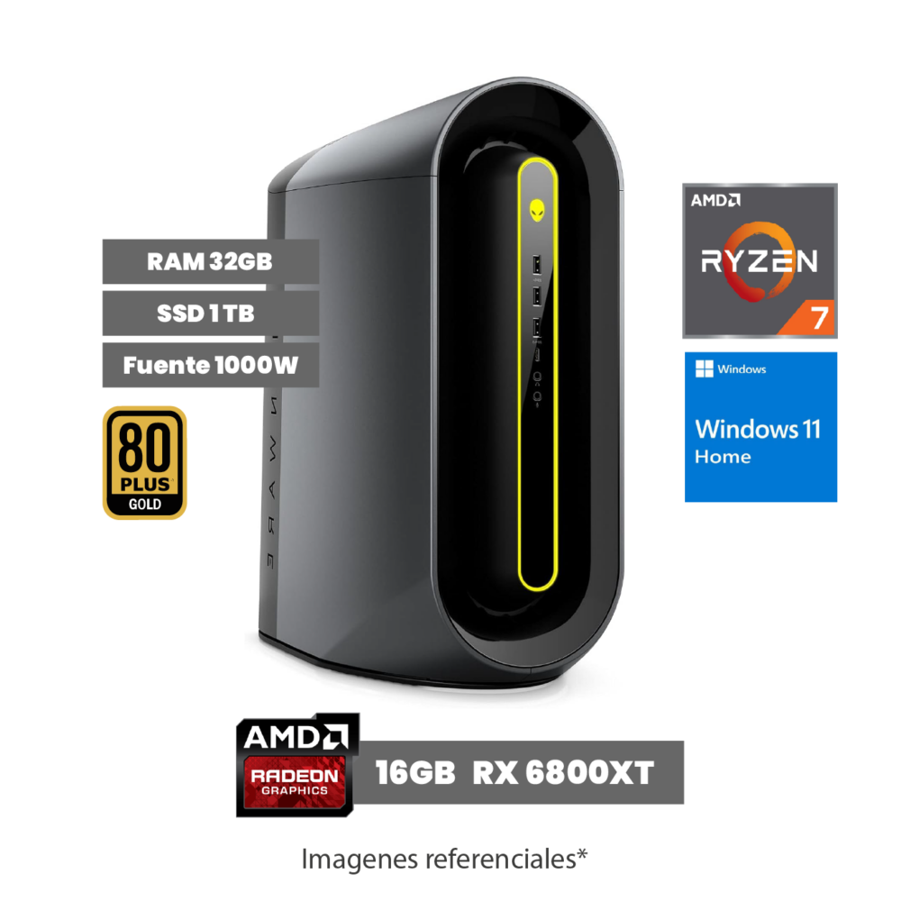 PC Dell Alienware Aurora R10 Gaming, AMD Ryzen 7 5800/ RAM 32GB/ SSD 1TB/ Video 16GB RX6800XT/ Fuente 1000W/ Water Cooling/ W11H