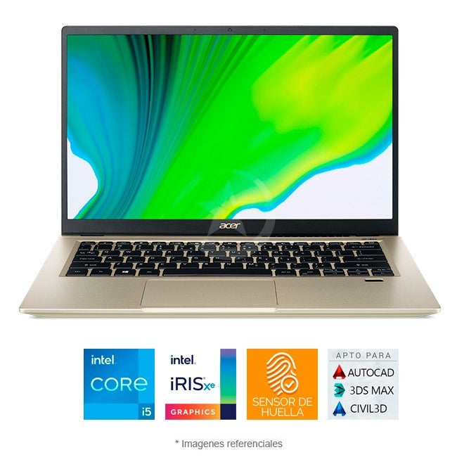 Ultrabook ACER Swift 3 SF314-59, Intel Core i7-1165G7 Hasta 4.7 GHz, RAM 8GB, SSD 256GB, Intel Iris Xe, LED 14" FHD, Peso 1,2 Kg., Windows 11 Home