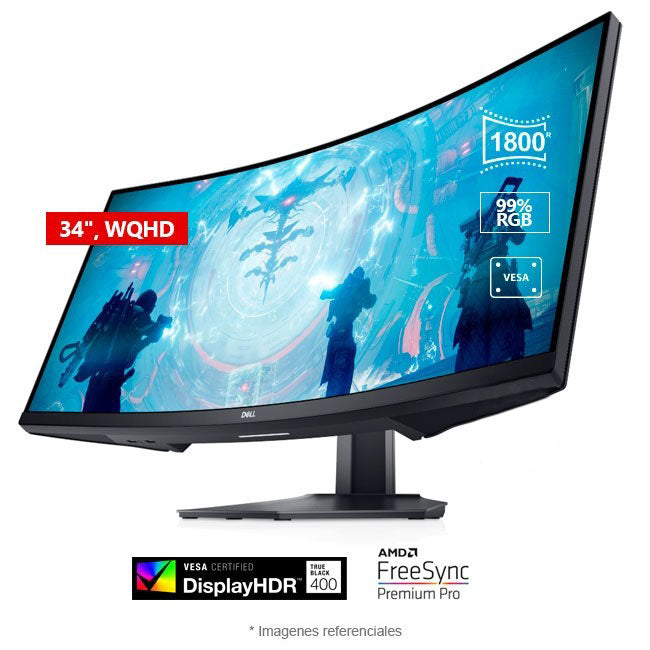 Monitor DELL S3422DWG Gaming Curvo, 34" WQHD a 144 Hz, curvatura 1800R, HDR400, 99% sRGB, AMD FreeSync Premium Pro, Montaje VESA