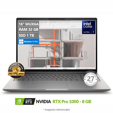 Laptop Workstation HP ZBook X G1, Intel Core Ultra 7 265H Hasta 5,3 GHz, RAM 32GB, SSD 1TB, 8GB NVIDIA RTX Pro 1000, LED 16" WUXGA, sRGB, Windows 11 Pro