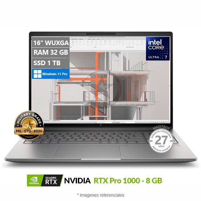 Laptop Workstation HP ZBook X G1, Intel Core Ultra 7 265H Hasta 5,3 GHz, RAM 32GB, SSD 1TB, 8GB NVIDIA RTX Pro 1000, LED 16" WUXGA, sRGB, Windows 11 Pro