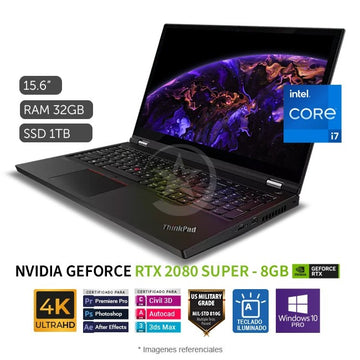 Laptop Lenovo ThinkPad T15G, Core i7-10750H Hasta 5.0 GHz, RAM 32GB, SSD 1TB, 8GB NVIDIA RTX 2080 SUPER, LED 15.6" UHD 4K HDR 400, Windows 11 Pro