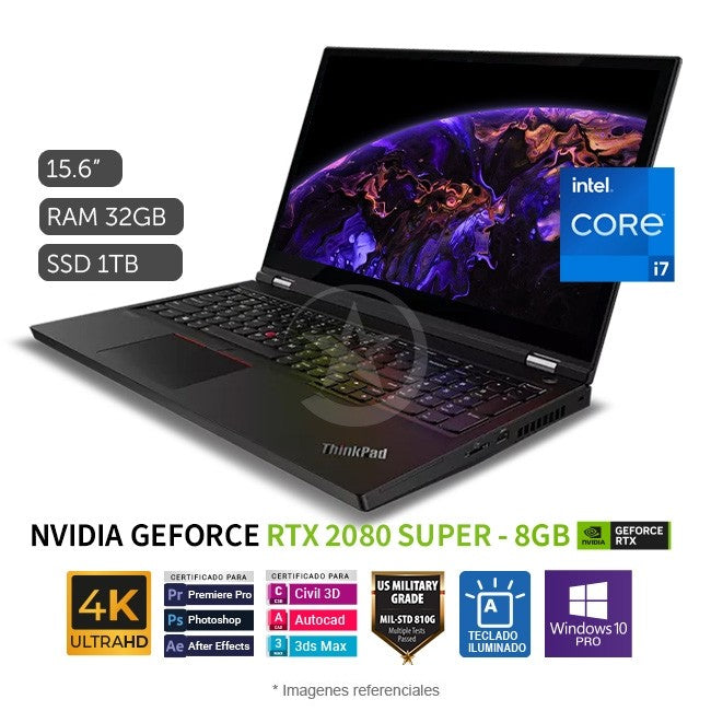 Laptop Lenovo ThinkPad T15G, Core i7-10750H Hasta 5.0 GHz, RAM 32GB, SSD 1TB, 8GB NVIDIA RTX 2080 SUPER, LED 15.6" UHD 4K HDR 400, Windows 11 Pro