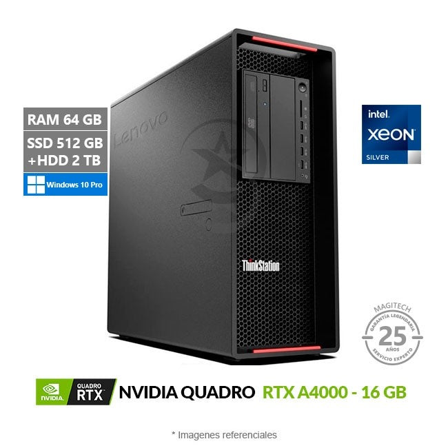PC Lenovo ThinkStation P720 Workstation, Intel Xeon Silver 4214R Hasta 3.5 GHz, RAM 64GB, SSD 512GB + HDD 2TB, Video 16GB NVIDIA Quadro RTX A4000, Windows 10 Pro