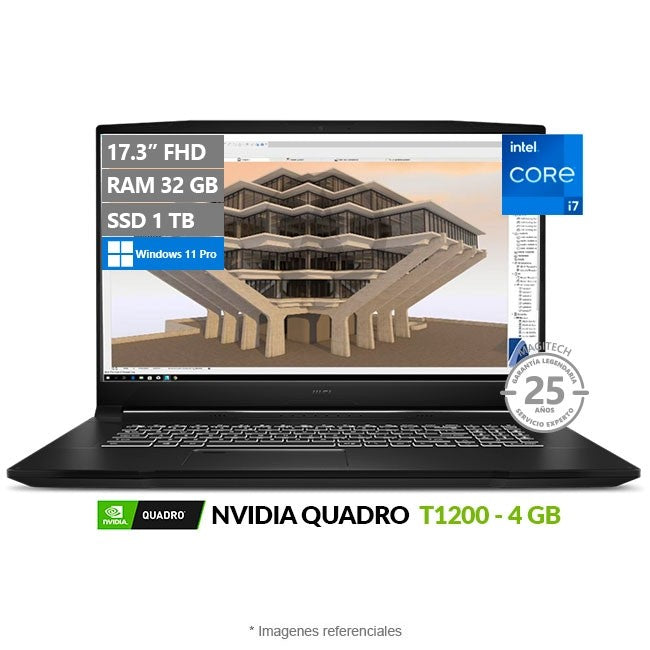 Laptop MSI WorkStation WF76-11UP, Intel Core i7-11800H 2.3 GHz, RAM 32GB, SSD 1TB, Video 4GB NVIDIA Quadro T1200, LED 17.3" Full HD, 100% sRGB, Windows 11 Pro