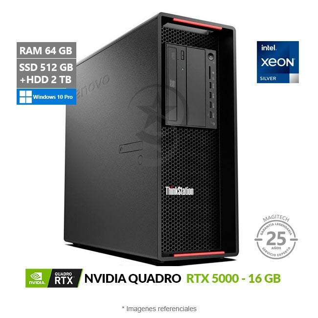 PC Lenovo ThinkStation P720 Workstation, Doble Procesador Intel Xeon Silver 4214R (24 Núcleos), RAM 64GB, SSD 512GB + HDD 2TB, Video 16GB NVIDIA Quadro RTX 5000, Windows 10 Pro
