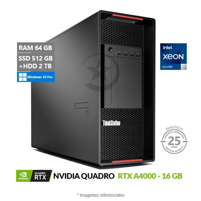 PC Lenovo ThinkStation P920 Workstation, Intel Xeon Silver 4214R Hasta 3.5 GHz, RAM 64GB, SSD 512GB + HDD 2TB, Video 16GB NVIDIA Quadro RTX A4000, Windows 10 Pro