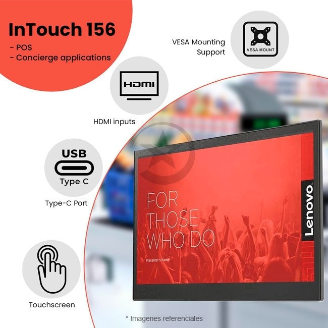Monitor Lenovo InTOUCH de 15,6", Full HD 1080p, Pantalla táctil (multitáctil), USB-C 3.1 y HDMI/, Compatible con montaje VESA, Android y Windows