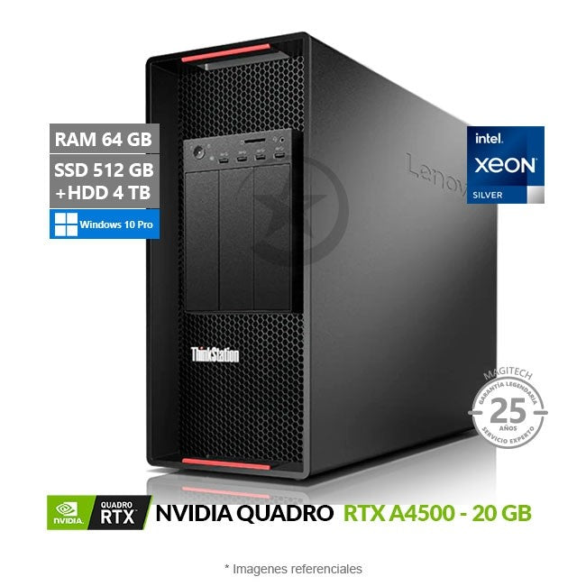 PC Lenovo ThinkStation P920 Workstation, Intel Xeon Gold 6151 Hasta 3.4 GHz, RAM 64GB, SSD 512GB + HDD 4TB, Video 20GB NVIDIA Quadro RTX A4500, Windows 10 Pro