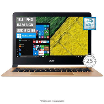 Laptop Ultrabook Acer Swift 7, Intel Core i7, 8GB RAM, SSD 512GB, Pantalla 13.3 FHD IPS Gorilla Glass, Acabado Oro Premium, 1.10 kg.