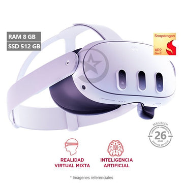 Lentes Meta Quest 3, Snapdragon XR2 GEN2 , RAM 8GB, Almacenamiento de 512GB, Dos pantallas (2064 × 2208 píxeles de resolución por ojo) Infinite Display 4K a 120 Hz
